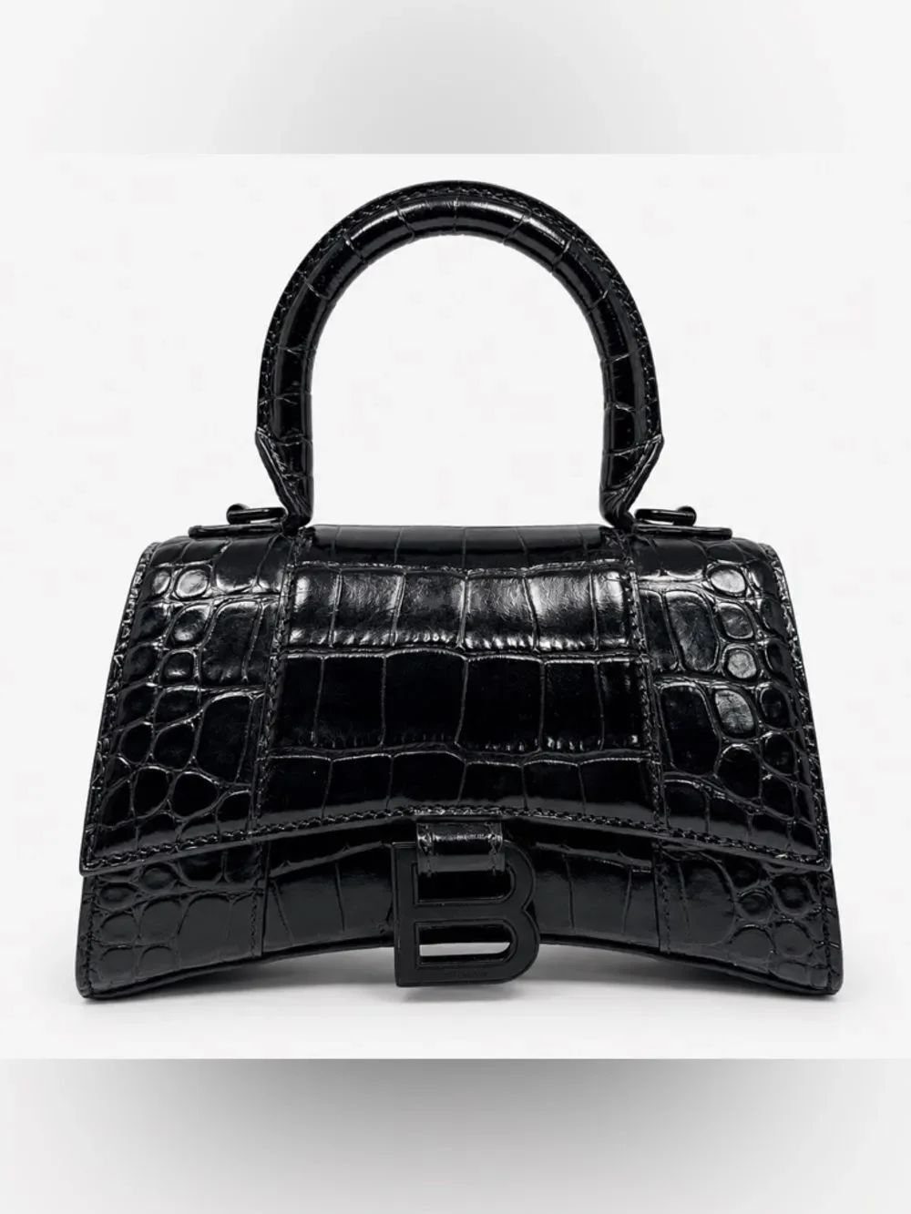 Balenciaga Hourglass XS Croc Embossed Top Handle Bag Black Patent Leather Purse